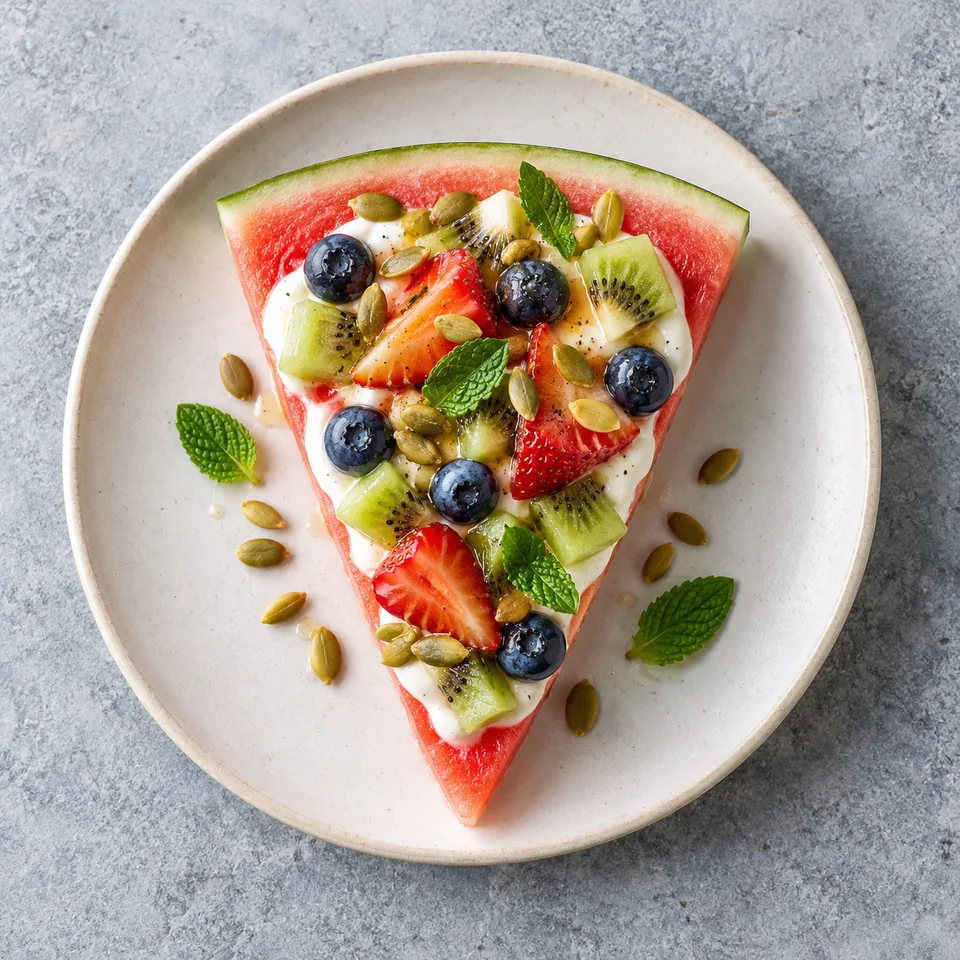 Part de pizza de pastèque aux fruits rouges sur assiette blanche : pastèque rose, crème vanillée, kiwi, fraises, myrtilles, graines de courge et menthe.