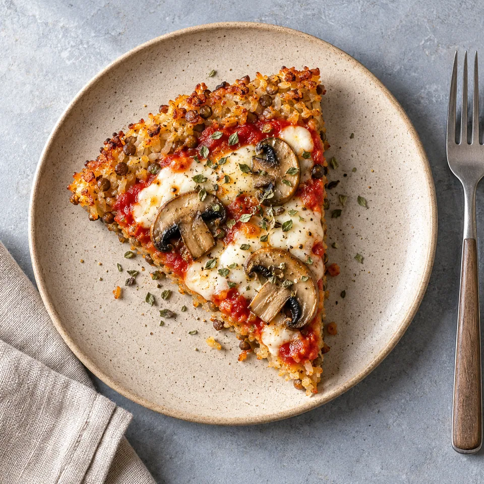 Part de pizza de riz croustillante aux champignons et mozzarella fondue sur assiette beige mouchetée.