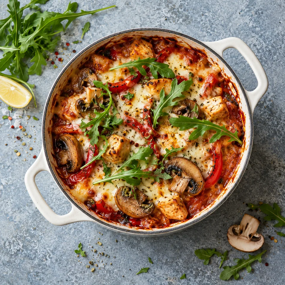 Pizza en bol gratinée au poulet et champignons dans une cocotte blanche, mozzarella dorée et roquette fraîche.