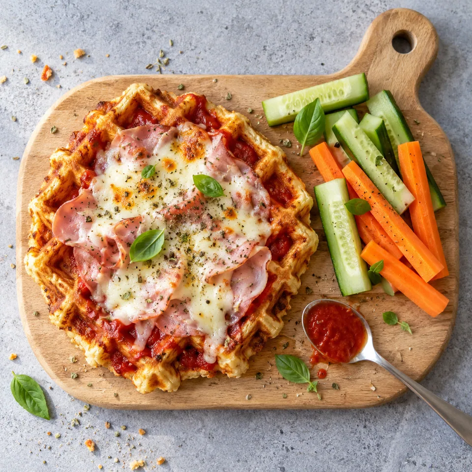 Pizza-gaufres au jambon et mozzarella sur planche en bois, avec bâtonnets de légumes crus.