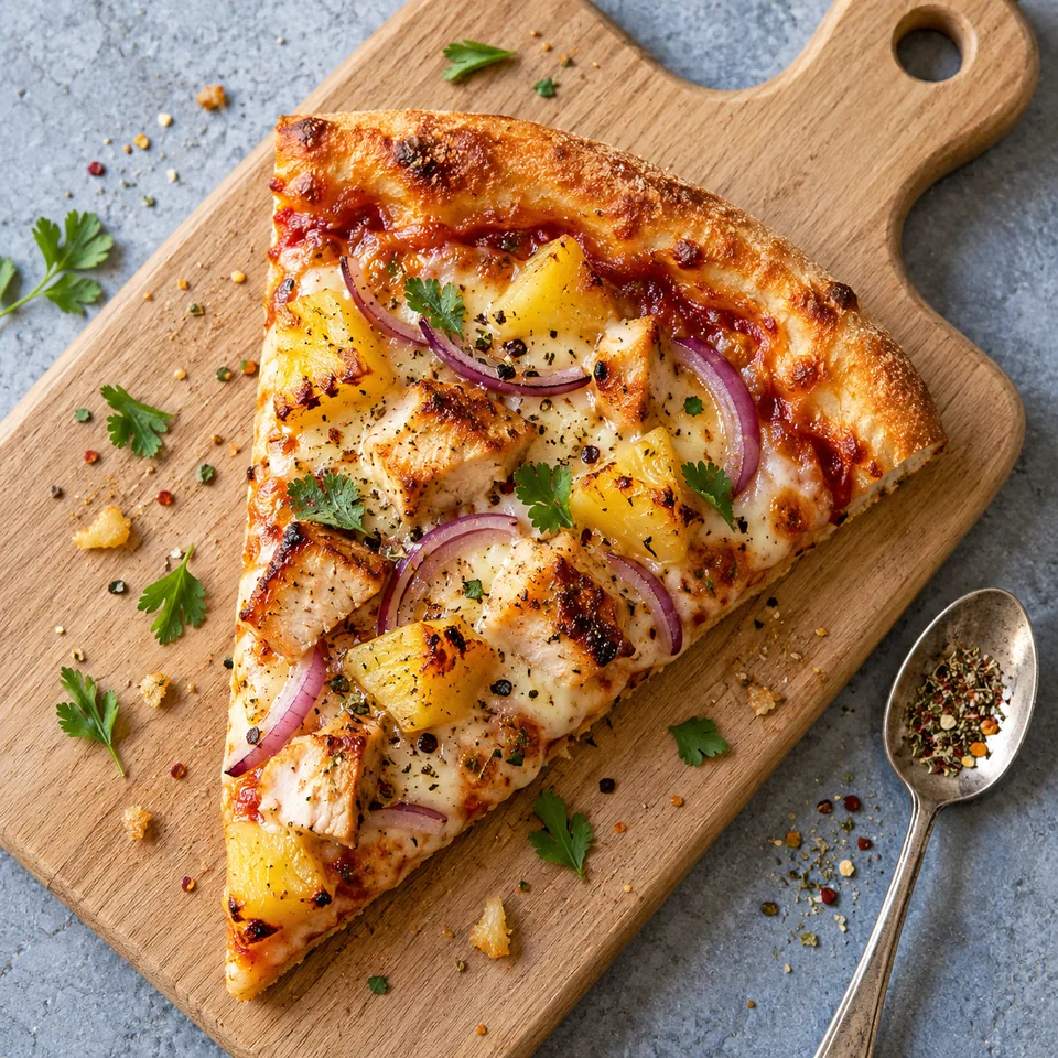 Part de pizza hawaïenne au poulet et ananas sur planche en bois, garnie de mozzarella fondue et légumes.