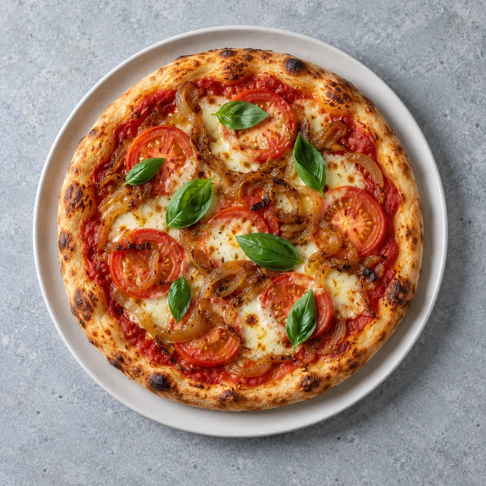 Pizza margherita aux oignons dorés : pâte dorée, sauce tomate, rondelles de tomate, fromage fondu et basilic frais.