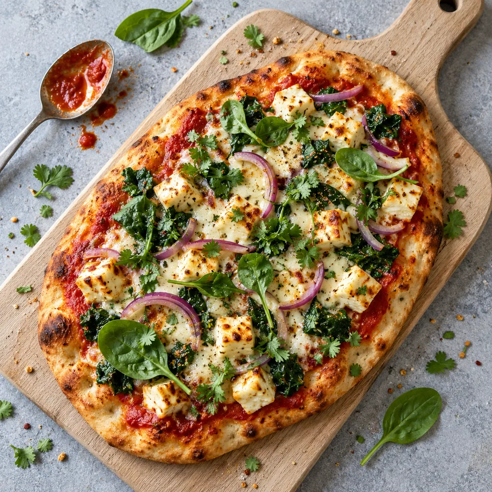 Pizza naan au paneer et épinards sur planche en bois, garnie de coriandre fraîche et de légumes colorés.