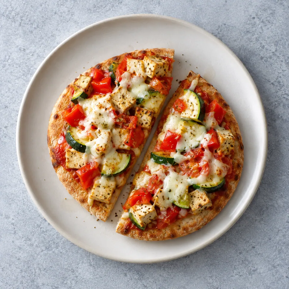 Pizza pita aux légumes et mozzarella : demi-pitas dorées garnies de tofu, courgette, tomate et poivron, sous du fromage fondu.