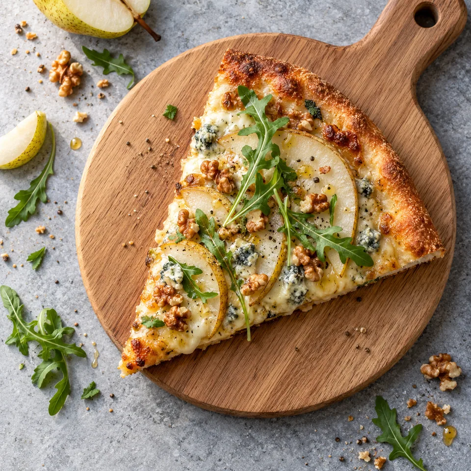 Part de pizza poire, bleu végétarien et noix sur planche en bois, garnie de roquette.