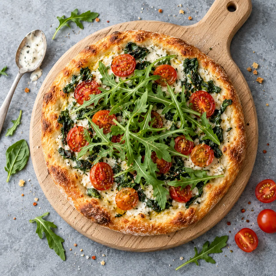 Pizza express aux épinards et tomates cerises sur planche en bois, bords croustillants, garnie de tofu, tomates et roquette fraîche.