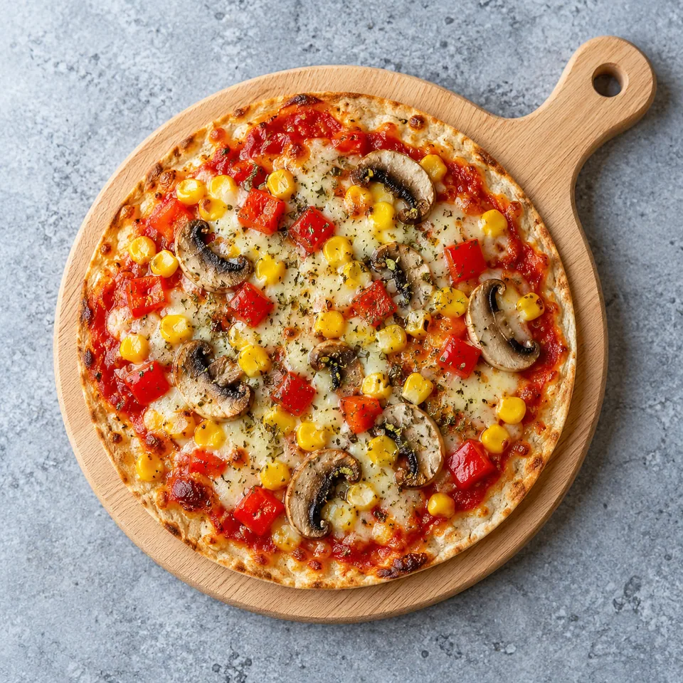 Pizza tortilla tomate, mozzarella et légumes sur planche en bois