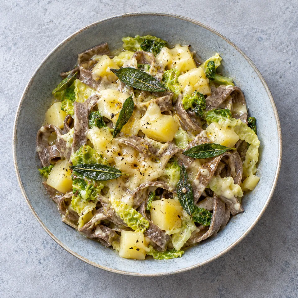 Pizzoccheri express au sarrasin : pâtes, pommes de terre et chou dans une sauce fromagère crémeuse, servie dans une assiette en grès bleu-gris.