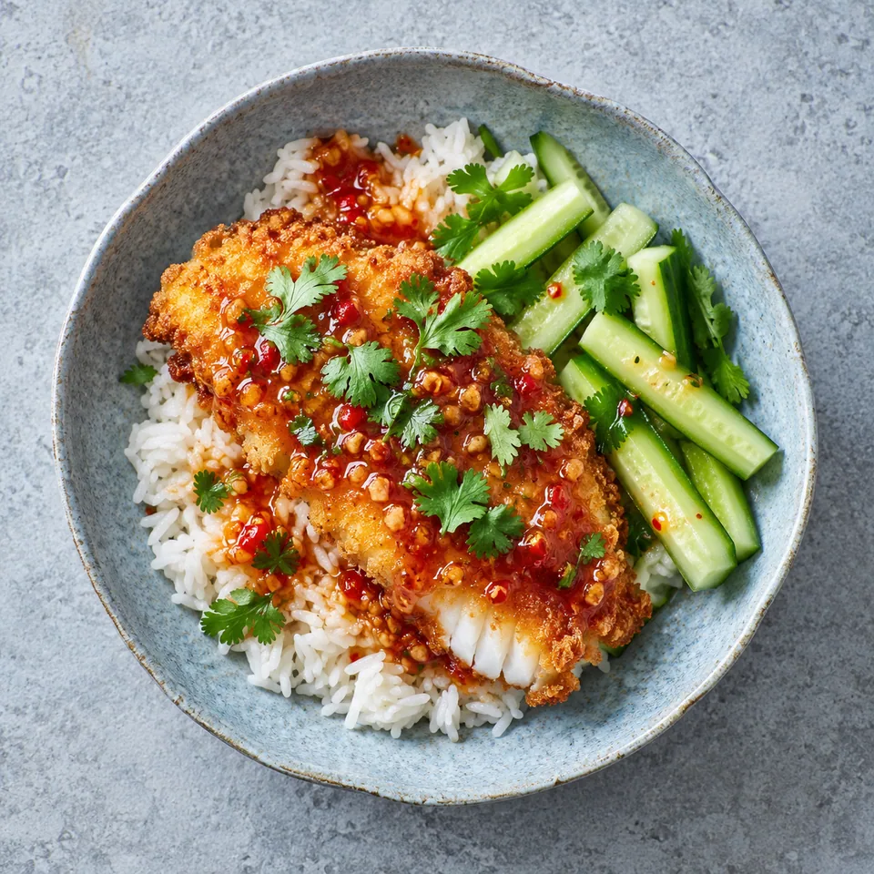 Pla rad prik : portion de poisson croustillant nappé de sauce et riz jasmin dans un bol bleu-gris.