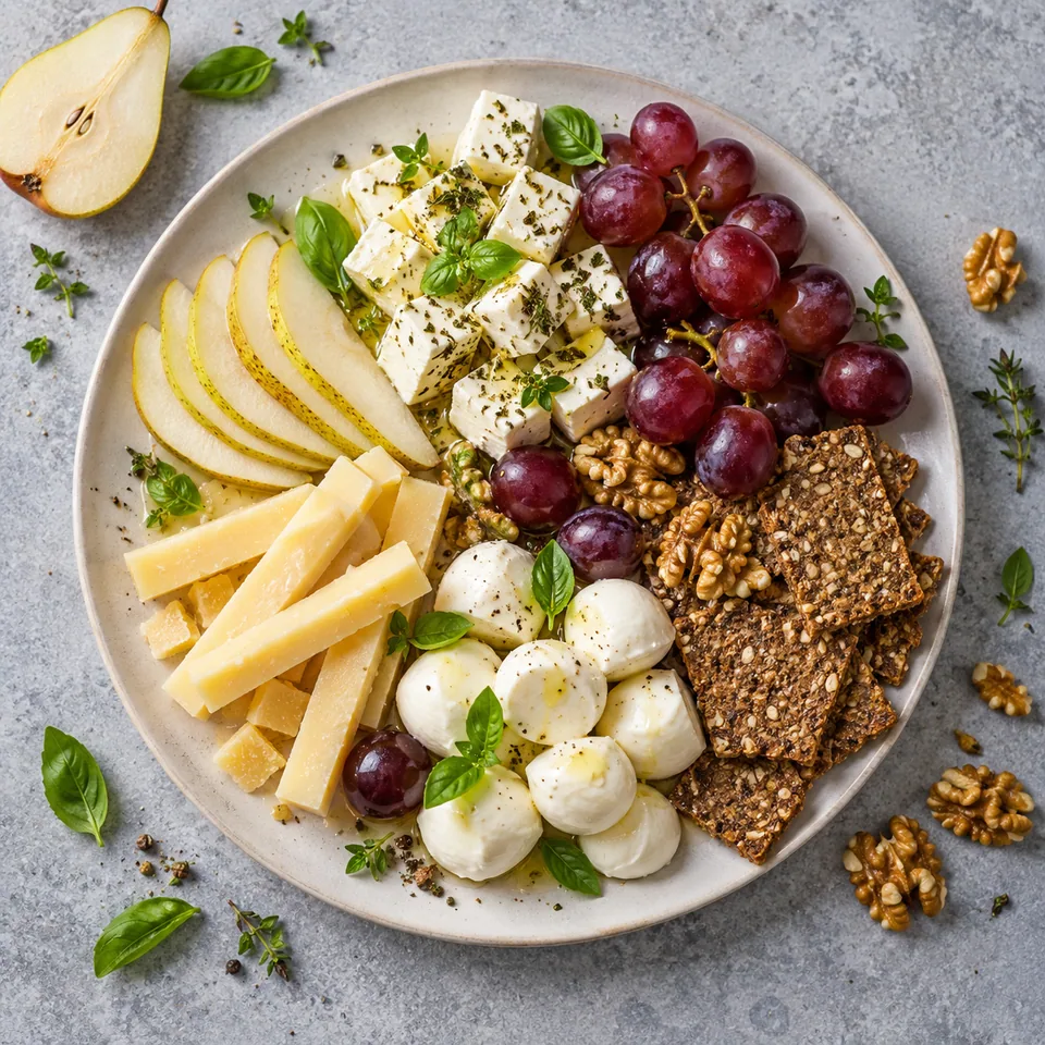 Assiette de fromages avec feta aux herbes, raisins, poire, noix et crackers de seigle.