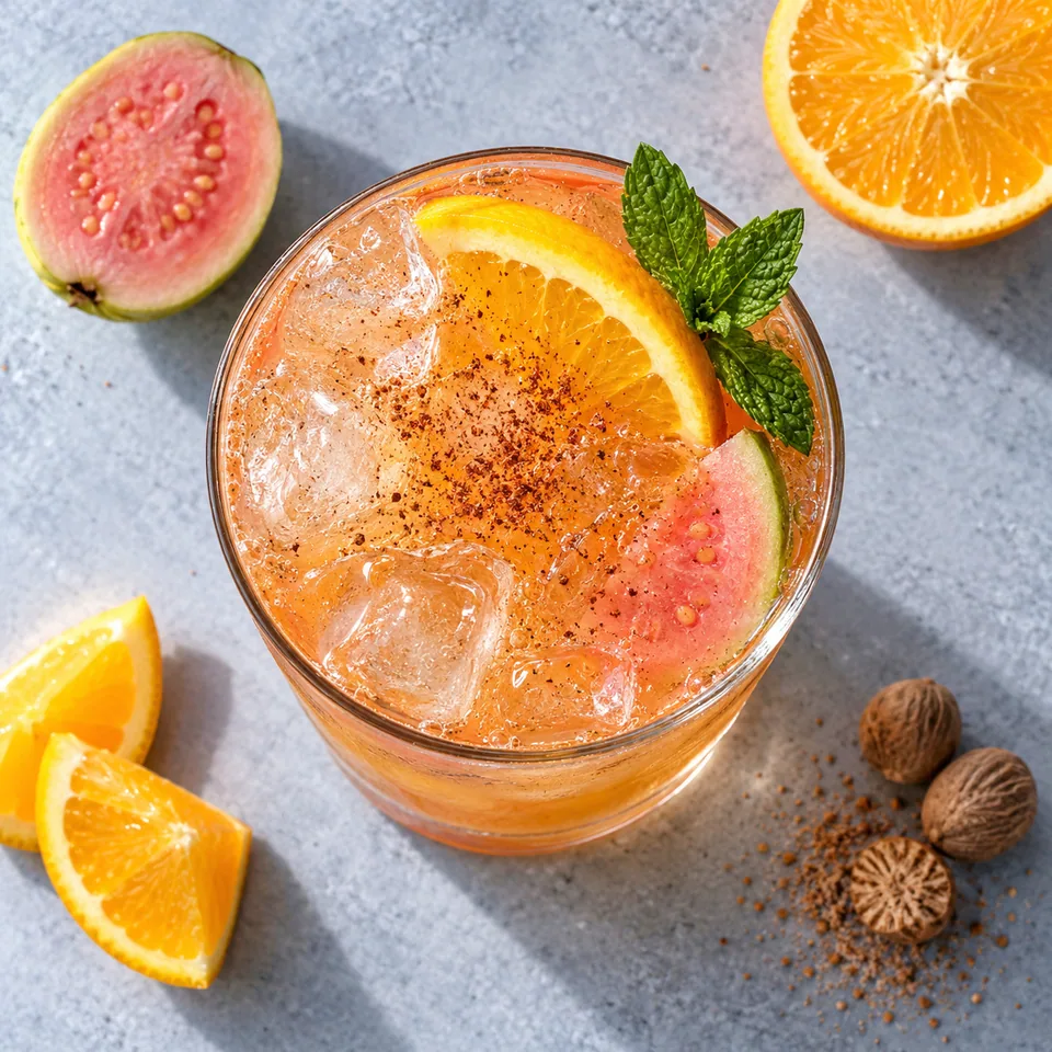 Planteur goyave, orange et muscade : cocktail orangé et glacé dans un grand verre transparent, garni de cannelle.