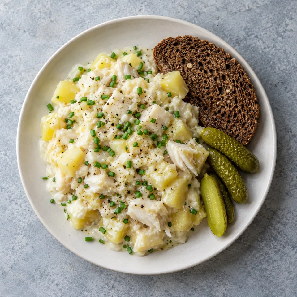 Plokkfiskur : cabillaud et pommes de terre en sauce blanche avec ciboulette, pain de seigle et cornichons.