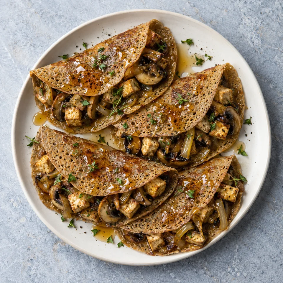 Ployes acadiennes au sarrasin servies sur une assiette blanche, garnies de tofu, champignons et oignons, arrosées de sirop d'érable.