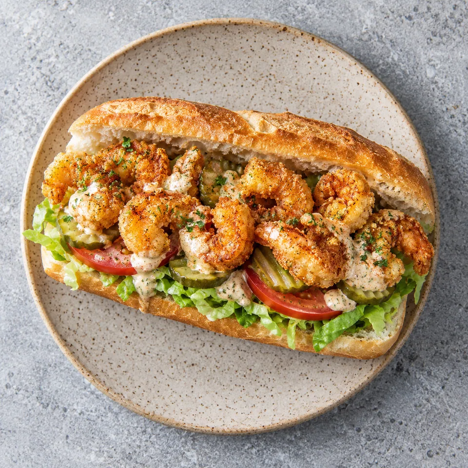 Portion de po’boy aux crevettes croustillantes et sauce rémoulade sur une assiette en grès beige.