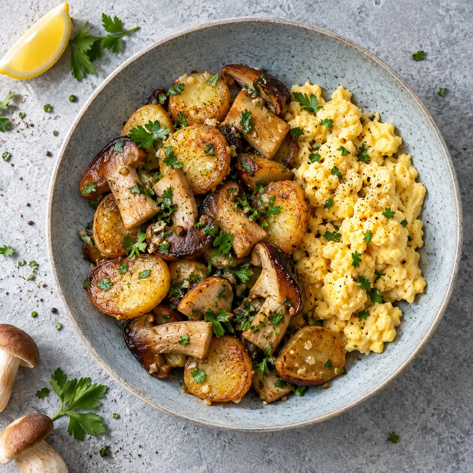 Poêlée de cèpes et pommes de terre, persillade : cèpes dorés, pommes de terre rissolées et œufs brouillés mats sur assiette grise.