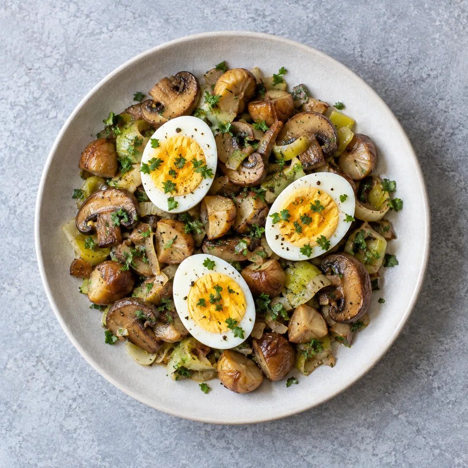 Poêlée de châtaignes et champignons : poireaux, champignons et châtaignes garnis de trois œufs durs et de persil.