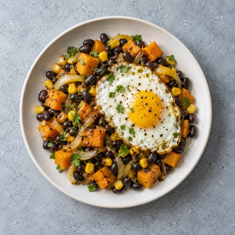 Poêlée de haricots noirs, courge et œuf : dés de courge orange, haricots noirs, maïs jaune et œuf cuit.