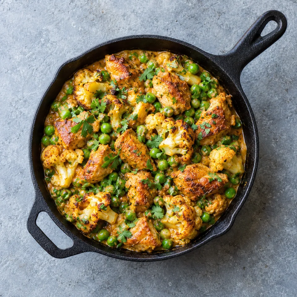 Poêlée de poulet tikka, chou-fleur et petits pois dans un petit poêlon en fonte noire, garnie de coriandre fraîche.