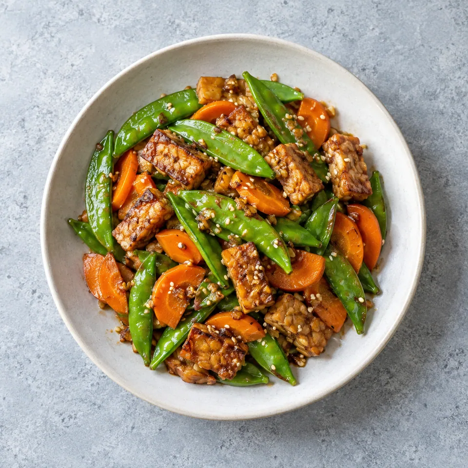 Poêlée de tempeh, carottes et pois gourmands : tempeh doré, légumes colorés nappés de sauce et graines de sésame.