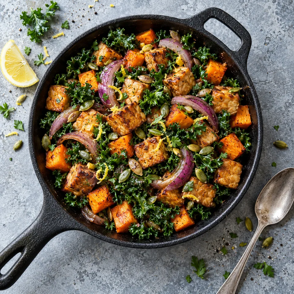 Poêlée de tempeh, kale et patate douce dans un petit poêlon en fonte, garnie de graines de courge.