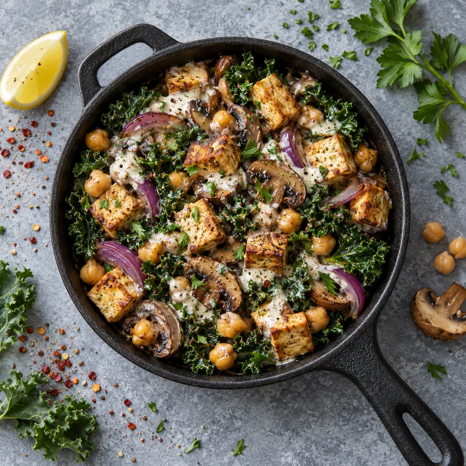 Poêlée de tofu fumé, kale et pois chiches dans un petit poêlon en fonte noire, nappée de sauce crémeuse.