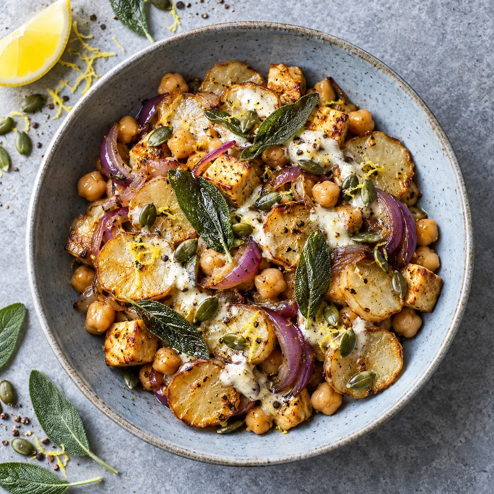 Poêlée de topinambours, pois chiches et sauge sur assiette bleue, sauce citronnée et graines de courge.