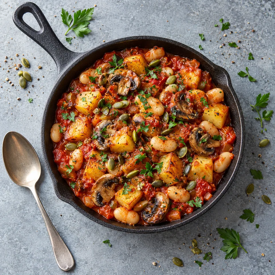 Poêlée matinale aux haricots et champignons dans un poêlon noir, parsemée de persil et graines de courge.