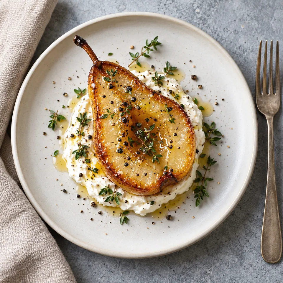 Poire rôtie au thym servie sur fromage frais blanc dans une assiette blanche, parsemée de poivre et de thym.