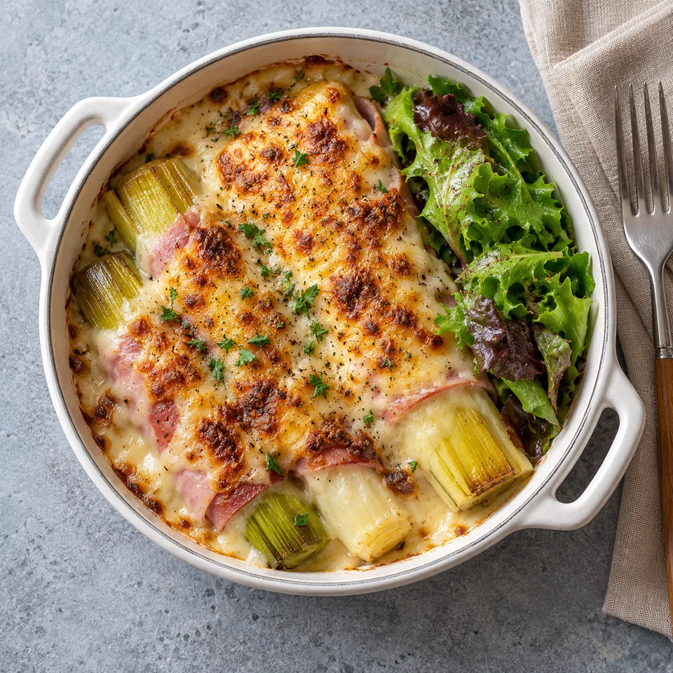 Poireaux au jambon gratinés dans une cocotte blanche : poireaux et jambon nappés de béchamel dorée, salade verte sur le côté.