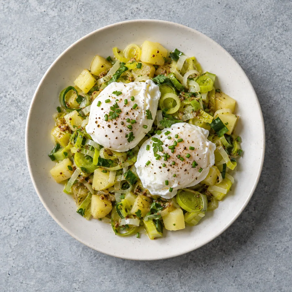 Poireaux vinaigrette et œufs pochés : dés de pommes de terre, poireaux nappés et deux œufs pochés garnis d’herbes.