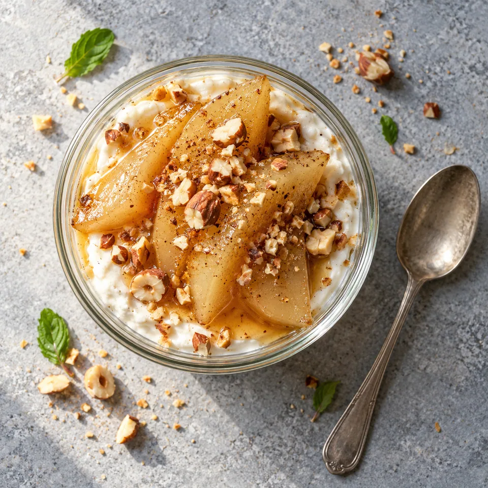 Verrine de poires pochées aux épices avec skyr vanillé et noisettes grillées concassées.