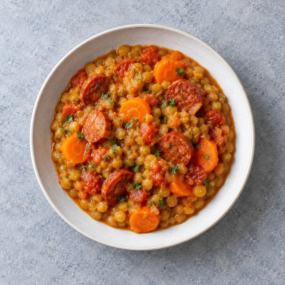 Assiette de pois cassés express au chorizo avec carottes en rondelles et morceaux de chorizo, sauce tomate.