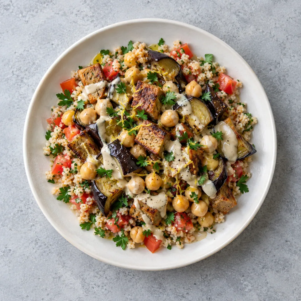 Pois chiches, aubergine et tahini : assiette de boulgour aux tomates, aubergine fondante, seitan, pois chiches et sauce tahini.