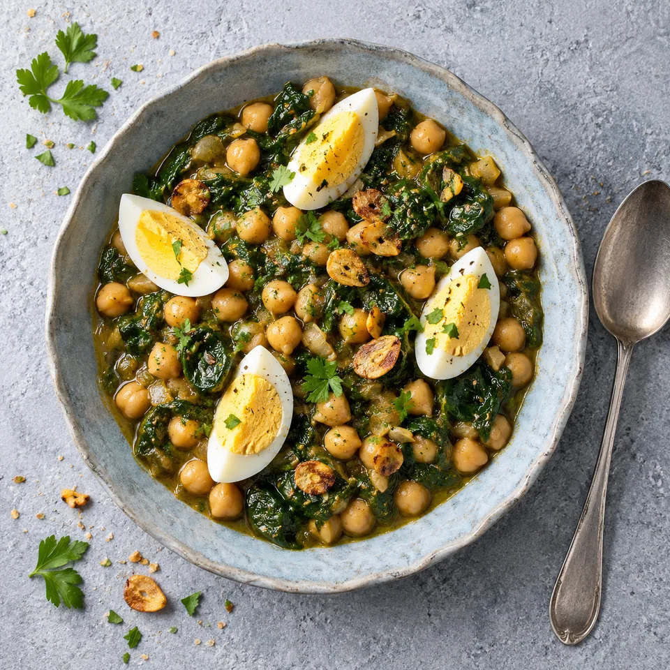 Assiette creuse en grès bleu-gris pâle contenant une portion de pois chiches aux épinards à l'andalouse, sauce nappante et quartiers d'œuf dur cuit.