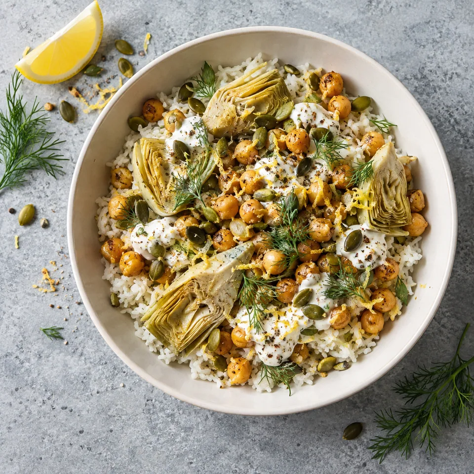 Pois chiches citronnés, artichauts et riz dans un bol blanc cassé, garnis d'aneth et de graines de courge.