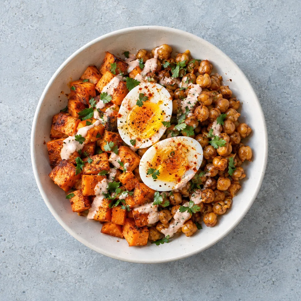 Pois chiches croustillants, œuf et patate douce : dés orange, pois chiches dorés, demi-œuf et sauce au yaourt rosée.