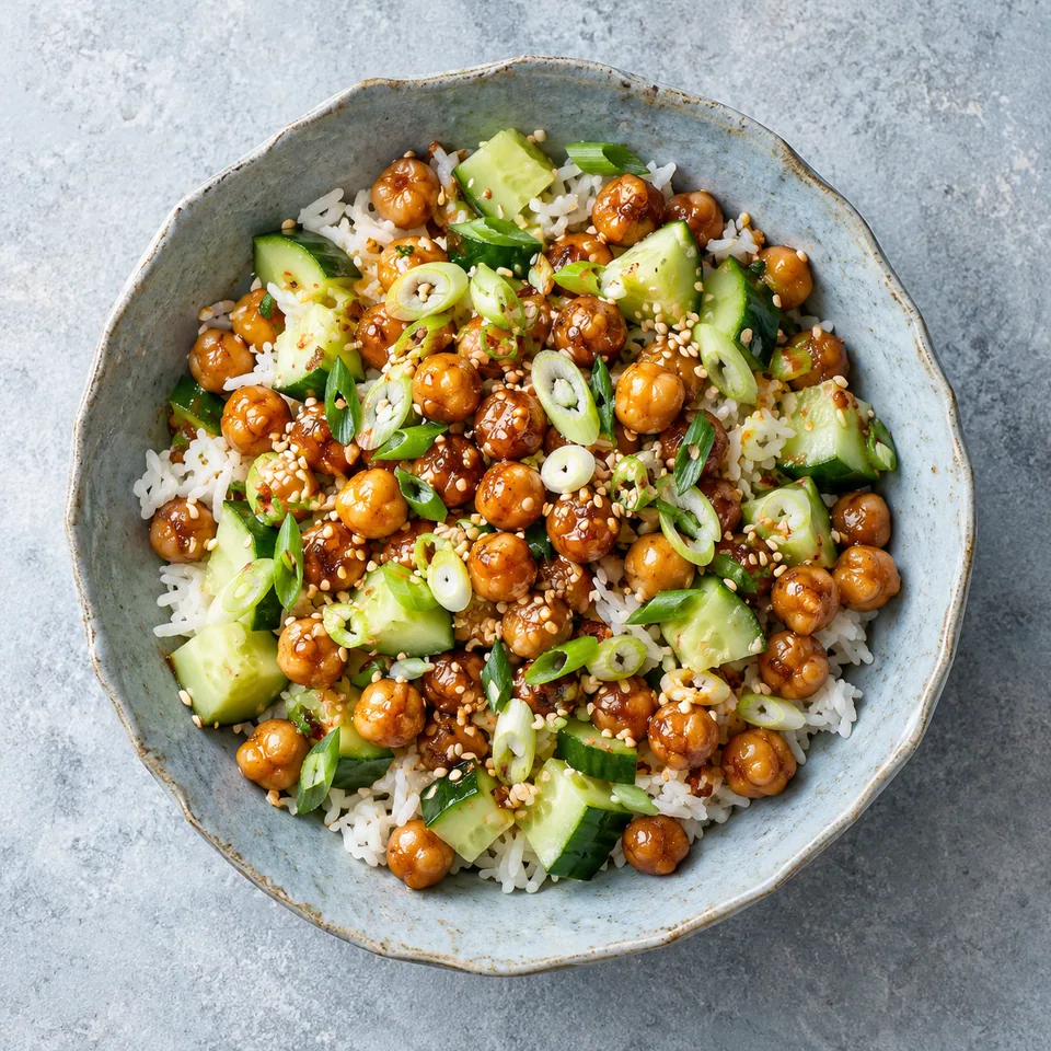 Bol de pois chiches laqués, riz et concombre : pois chiches dorés brillants, riz blanc, dés de concombre vert et sésame.