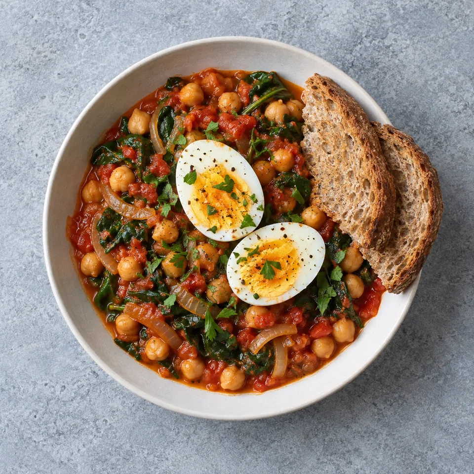 Pois chiches aux épinards en sauce tomate, deux œufs durs coupés en deux et pain complet grillé.
