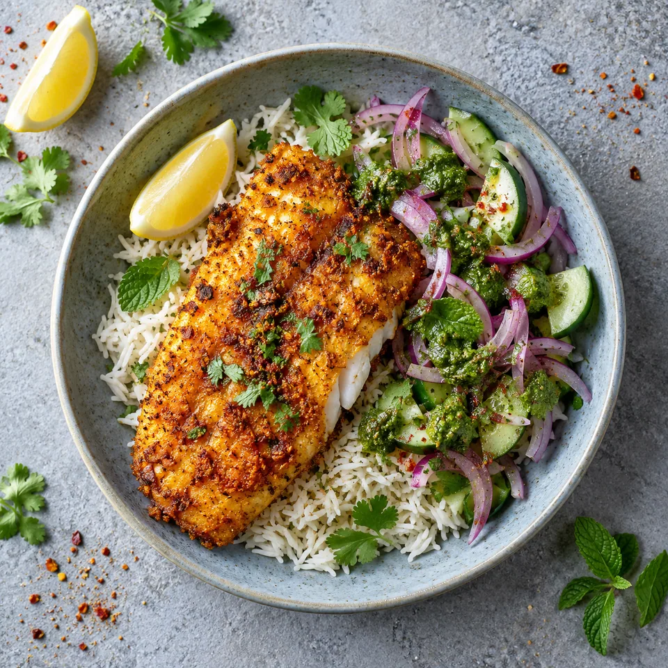 Portion de poisson amritsari croustillant sur riz avec salade et chutney vert, vue de dessus.