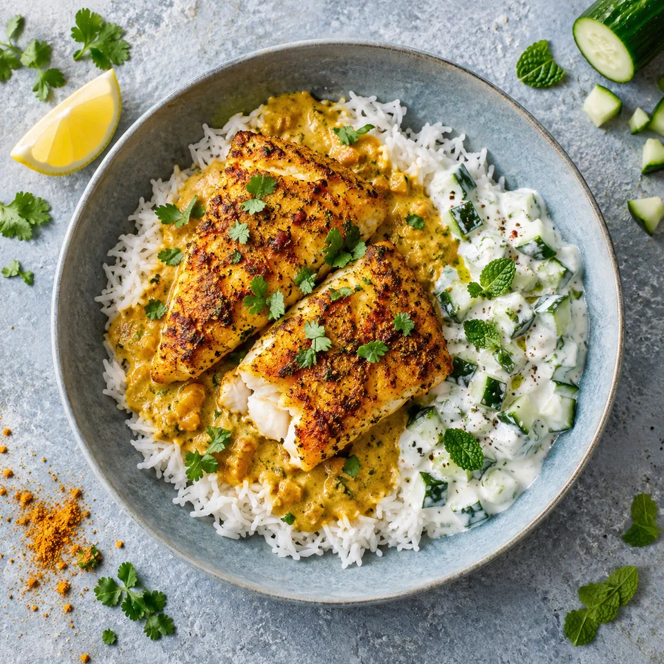 Assiette creuse avec riz au curry, poisson blanc tikka doré et raïta au concombre et menthe.