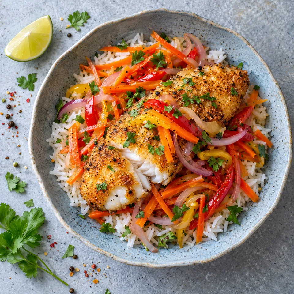 Poisson escovitch, riz et légumes pimentés : bol de riz blanc, légumes colorés brillants et filet de cabillaud doré.