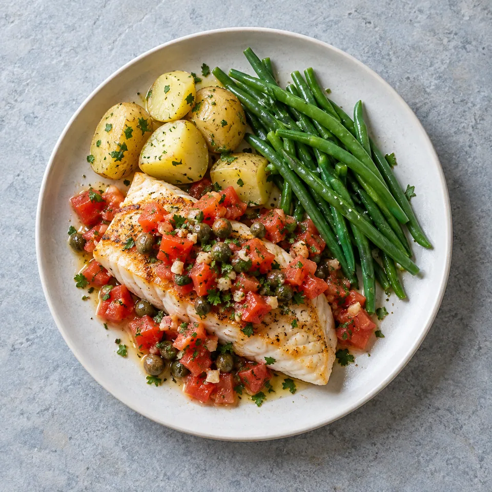 Poisson blanc grillé avec pommes de terre et haricots verts vapeur, nappé de salsa de tomates en dés, câpres et persil.