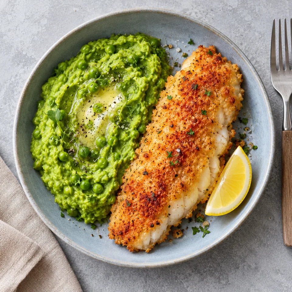 Assiette de poisson pané doré et croustillant, servi avec une purée de petits pois verte et crémeuse, garnie d'un quartier de citron.