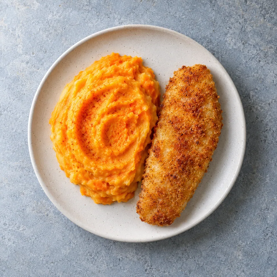 Poisson pané maison avec une portion de purée lisse orange de carottes et pommes de terre, servi dans une assiette.