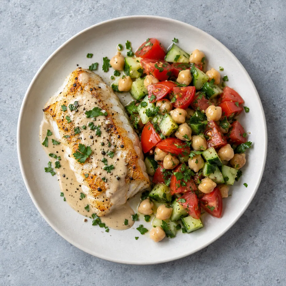 Poisson rôti, tahini et salade d’herbes : cabillaud nappé de sauce beige, pois chiches, dés de tomate et concombre, persil.