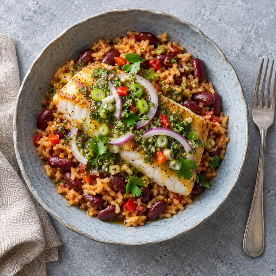 Assiette de poisson sauce chien avec riz créole et haricots rouges, sauce verte et oignon rouge
