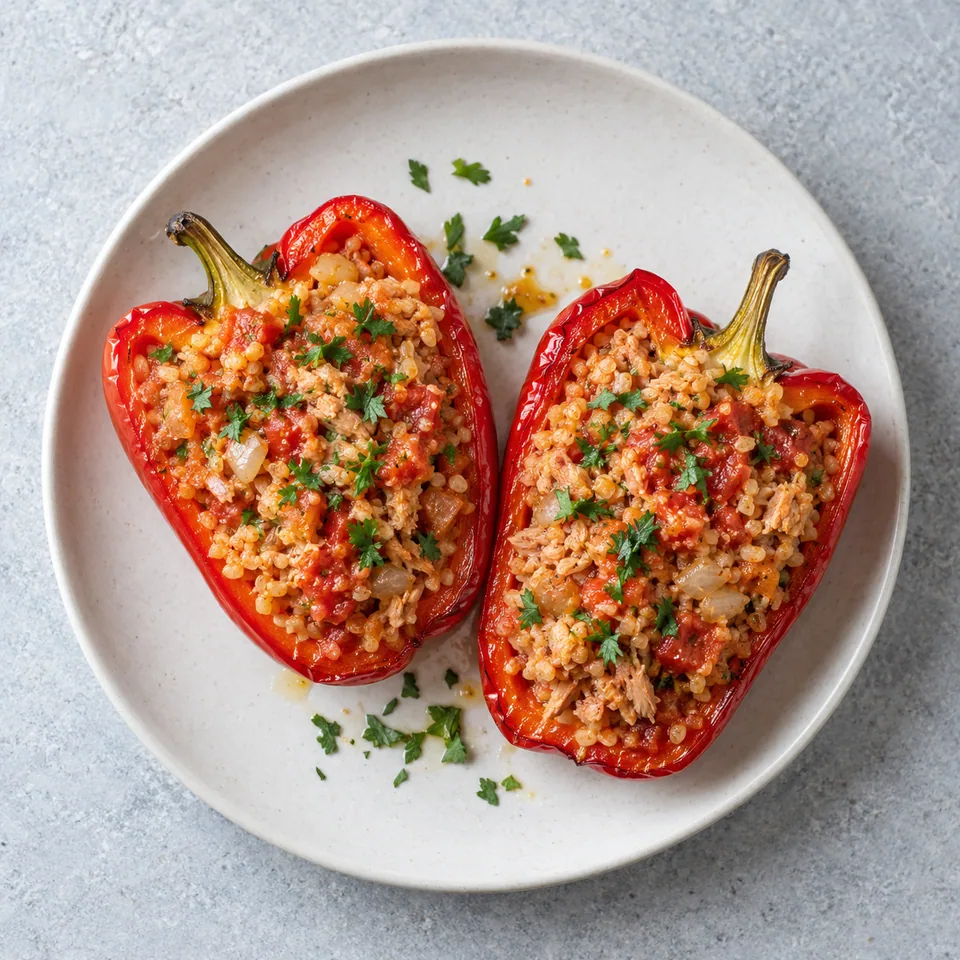 Poivrons farcis au boulgour et au thon : deux demi-poivrons rouges garnis d’une farce rouge orangé au boulgour, thon et persil.
