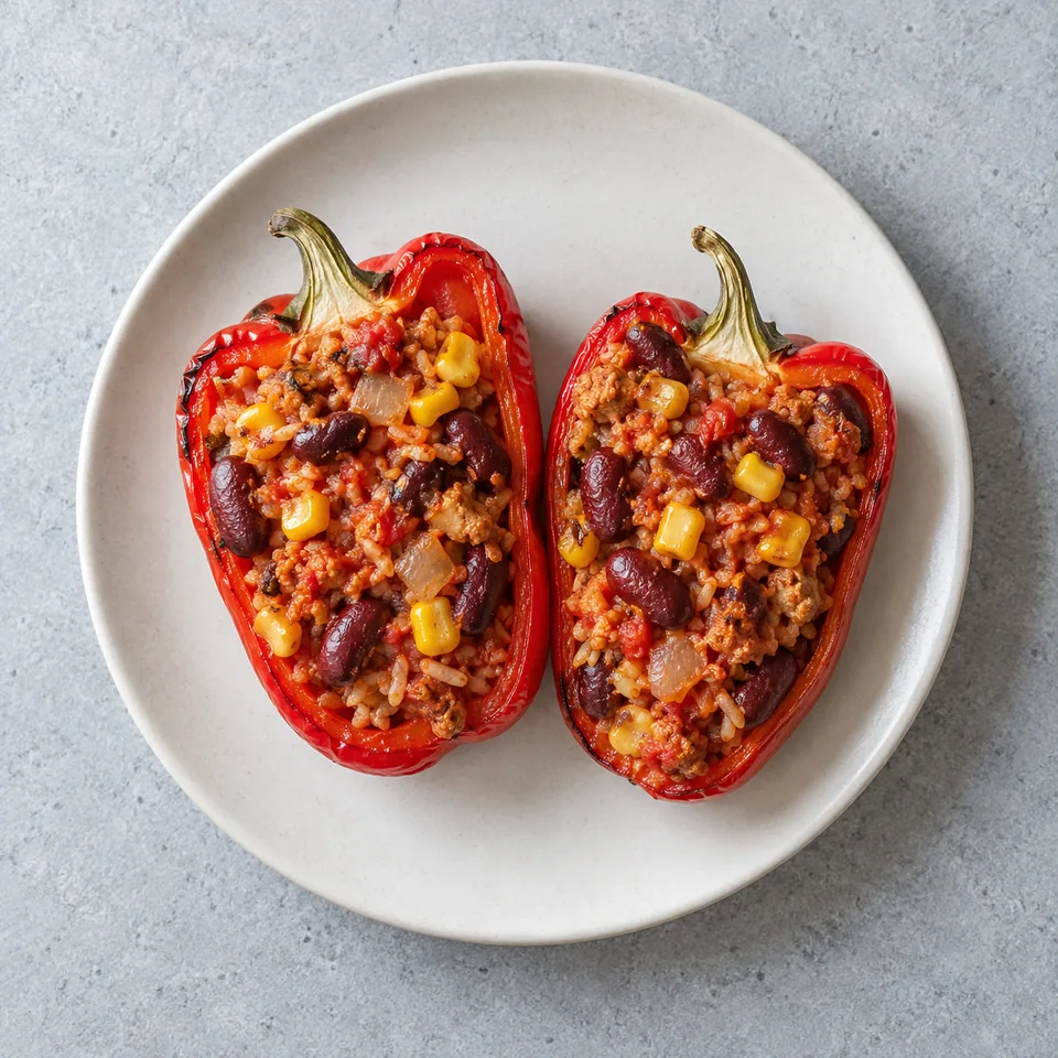 Poivrons farcis aux haricots rouges : deux demi-poivrons rôtis garnis de riz, maïs, soja et tomate, côte à côte dans une assiette.