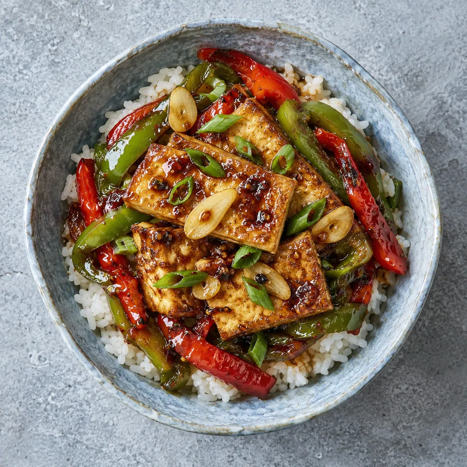 Bol de riz, tofu doré et poivrons tigrés en sauce soja.