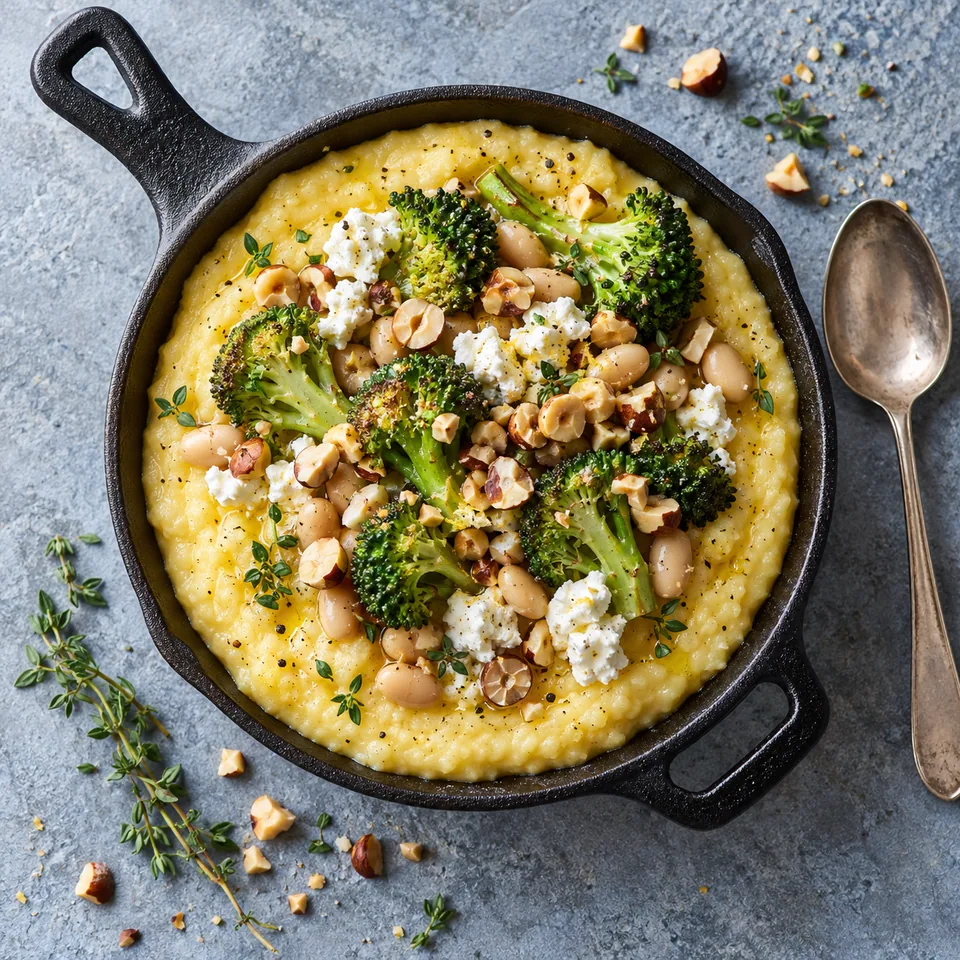 Polenta crémeuse au chèvre, brocoli et noisettes dans un petit poêlon en fonte noire